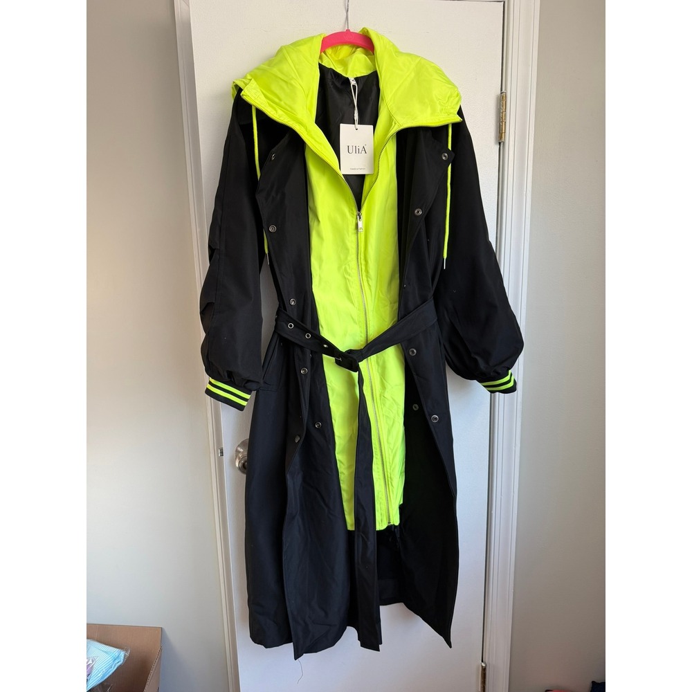 NWT UliA Black & Neon Yellow Hooded Trench Coat Belted Puff Sleeve, Size 1X-2X. - Picture 5 of 10